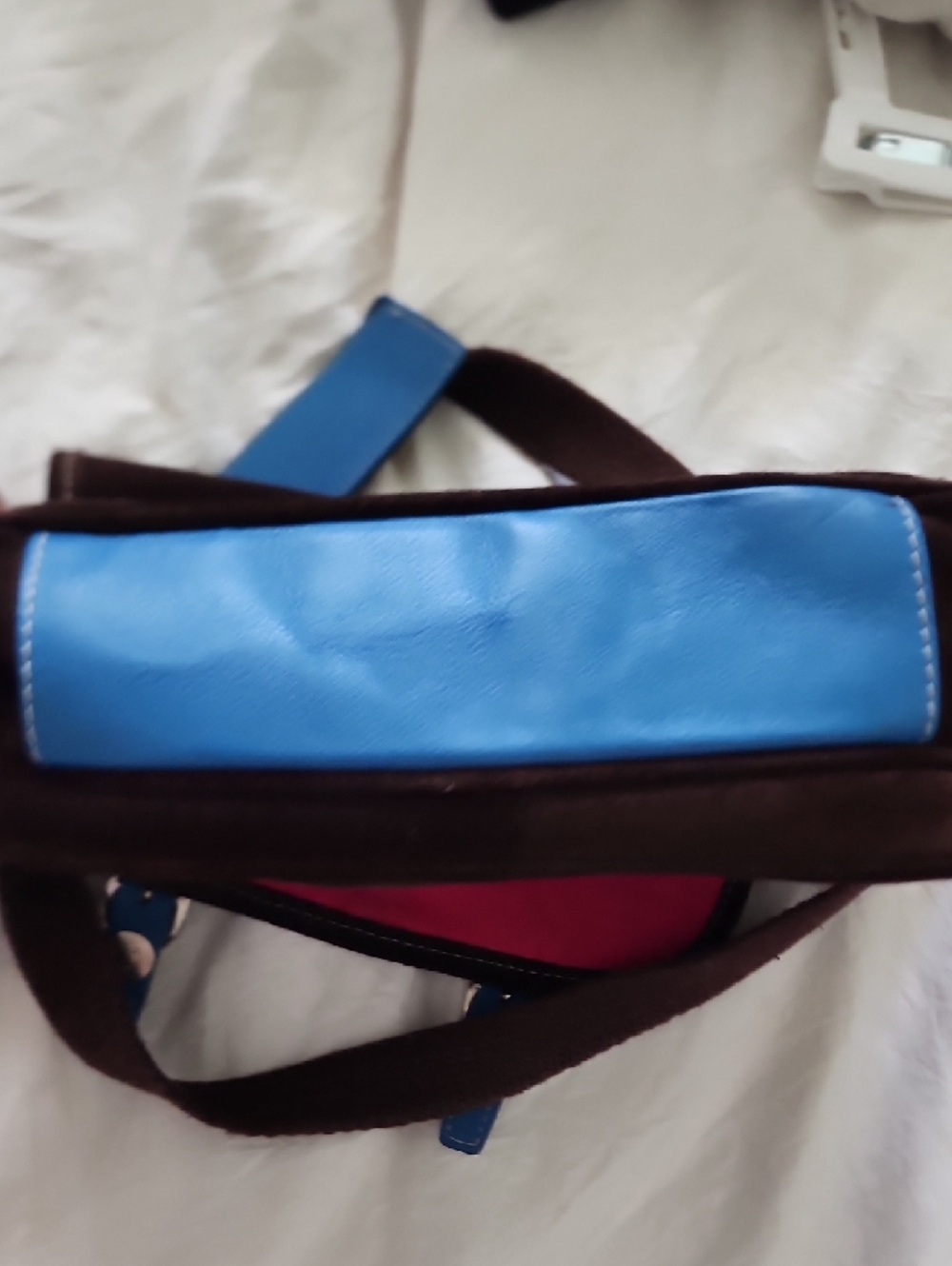 Brown Suede Crossbody Bag with Blue Trim - Picture 11 of 14